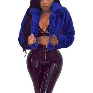 Women's Winter Faux Fur Long Sleeve Jacket Shaggy Open Front Cardigan Dark Blue